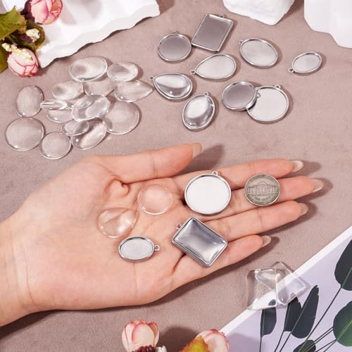 Craftdady Stainless Steel Pendant Cabochon Settings Heart Square Teardrop Flat Round Oval Rectangle Blank Bezel Trays Base Pendant with Glass Cabochons for DIY Earrings Necklace Jewelry - color: Stainless Steel Color 6 Style