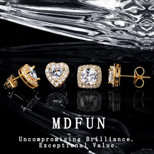 MDFUN Halo Stud Earrings 18K Gold Plated Round/Square/Heart/Teardrop Cubic Zirconia Earrings Set for Women - color: B-Square/Heart