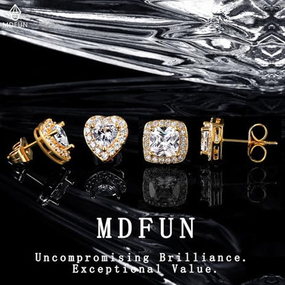 MDFUN Halo Stud Earrings 18K Gold Plated Round/Square/Heart/Teardrop Cubic Zirconia Earrings Set for Women - color: B-Square/Heart