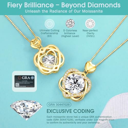 Moissanite Heart Necklace for Women, 2-5 Carat Moissanite Heart Pendant Necklace, S925 Sterling Silver Gold Plated, Double Love Heart Design Pendant, Anniversary Birthday Valentines Mothers Day Gifts for Wife Mom Girlfriend - style: 2.0 Carats-Yellow Gold