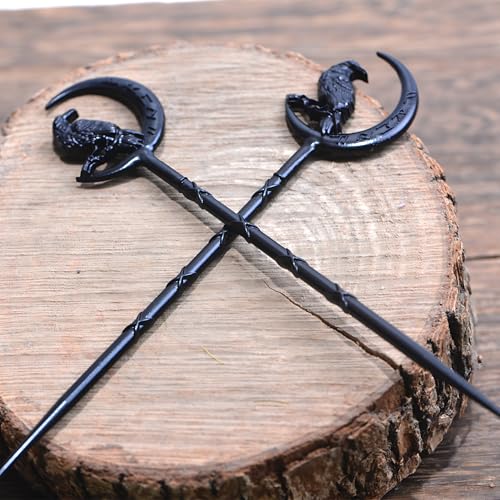 2PCS Viking Raven Hair Sticks – Moon Hair Pins for Women | Black Viking Hair Accessories with Raven Moon Design for Long Hair, Buns, Updos, Renaissance Festival, Halloween & Cosplay