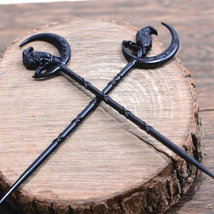 2PCS Viking Raven Hair Sticks – Moon Hair Pins for Women | Black Viking Hair Accessories with Raven Moon Design for Long Hair, Buns, Updos, Renaissance Festival, Halloween & Cosplay