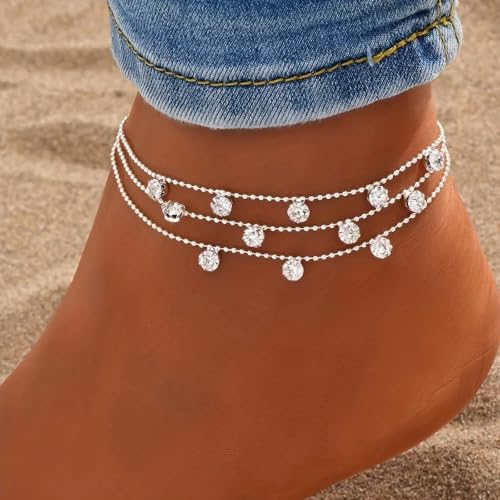 Fesciory Silver Ankle Bracelets for Women, Adjustable Rhinestone Pendant Tennis Anklet, Butterfly Heart Infinite Diamond Summer Beach Foot Chain Jewelry Gifts - style: 3Layered Diamonds1