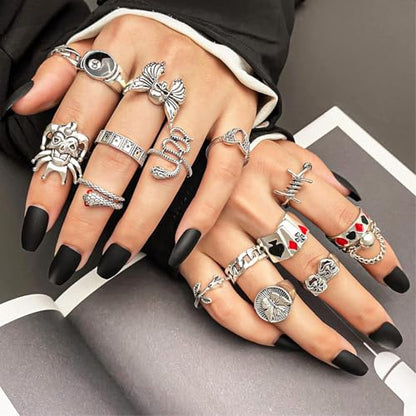 17IF 26-35 Pcs Vintage Silver Knuckle Ring Set for Women Men, Gothic Rings | Grunge Chunky Aesthetic Snake Stackable Adjustable Punk Bulky Finger Alt Fairy Skull Frog Heart Star Flower Midi Ring Pack - style: 21 Red Clown