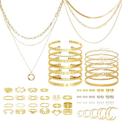 Gold/Silver Jewelry Set for Women Layered Bracelets Ball Dangle Hoop Earrings Stackable Knuckle Rings Set Dainty Adjustable Necklaces Valentine Anniversary Trendy Party Costume Accessories Jewelry - style: Unique