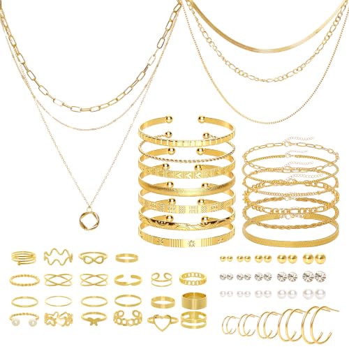Gold/Silver Jewelry Set for Women Layered Bracelets Ball Dangle Hoop Earrings Stackable Knuckle Rings Set Dainty Adjustable Necklaces Valentine Anniversary Trendy Party Costume Accessories Jewelry - style: Unique