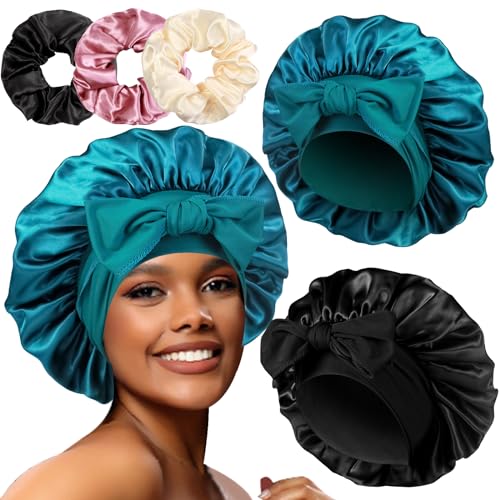 2+3 Large Satin Bonnets with Scrunchies for Women, Hair Bonnet Sleeping Tie Bonnet for Braids Curly Hair - color: B - Black, Teal
