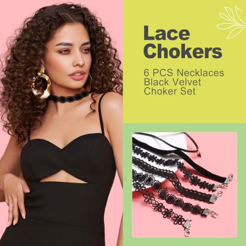 6 Pack Black Velvet Lace Choker Necklace Set Gothic Layered Chokers with Cross Pendant Tattoo Style for Women Adjustable Fashion Jewelry for Daily Wear
