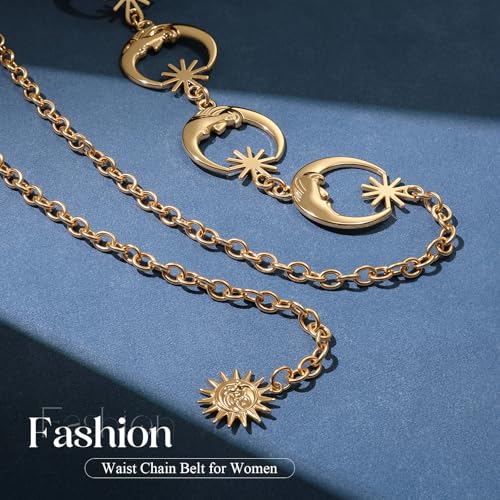 Chain Belt for Women Fashion Metal Waist Chain Belt for Dress Jeans - size: Fit Waist Up to 35'', style: Gold-moon