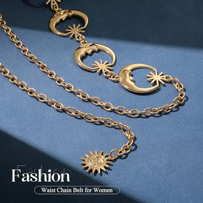 Chain Belt for Women Fashion Metal Waist Chain Belt for Dress Jeans - size: Fit Waist Up to 35'', style: Gold-moon