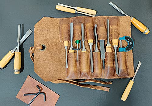 Leather Tool Roll Up Pouch - Leather Tool Wrench Roll/Chisel Bag by Rustic Town | Fit Carving & Hand Tools up to 9 inches, Compact Carry for Woodworkers, Electricians and DIY Projects, Secure Tie Closure - style: 10 Slots(medium)