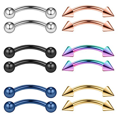 Ruifan 12PCS 14G Surgical Steel Eyebrow Ear Navel Belly Lip Ring Body Piercing Jewelry - style: 12mm w Balls & Spikes(Mix Color 2#)