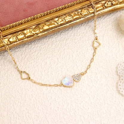 Silver Heart Charm Link Anklet for Women, Adjustable Handmade Cubic Zirconia Stackable Waterproof Summer Beach Chain Anklets Jewelry Accessories Gift - color: Gold Opal Heart