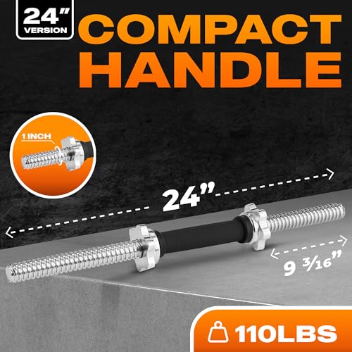 Yes4All Threaded Dumbbell Handles, Adjustable Dumbbell Bar Pair, 14/16/18/24-Inch Sizes, Fits 1" or 1.15" Plates, Non-Slip Grip, Secure Star-Lock Collars - color: 24" - Chrome & Rubber - Silver