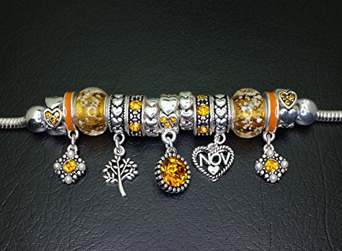 Falari Birthstone Bracelet Multi-Color Charm Beads Silvertone Birthday Gifts for Women - color: 11-November