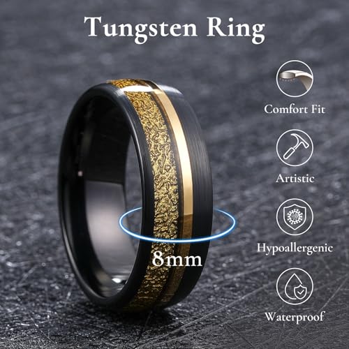 King Will Black Tungsten Rings for Men Hammer Wedding Band | Black, Grooved, Hammer Wedding Band Gold Groove, Sand Inlay, Everyday Wear - color: Embossed Golden Foil