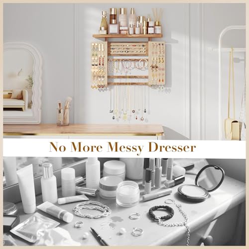 Emfogo Jewelry Organizer Hanging Wall Mounted Jewelry Holder, 5-in-1 Large Capacity Necklace Organizer Display for Ring, Necklaces, Bracelets, Earrings (Rustic Wood) - color: Rustic Wood