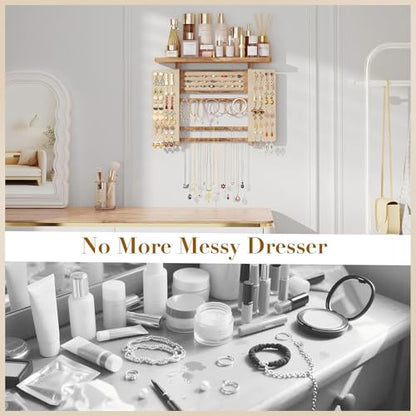 Emfogo Jewelry Organizer Hanging Wall Mounted Jewelry Holder, 5-in-1 Large Capacity Necklace Organizer Display for Ring, Necklaces, Bracelets, Earrings (Rustic Wood) - color: Rustic Wood