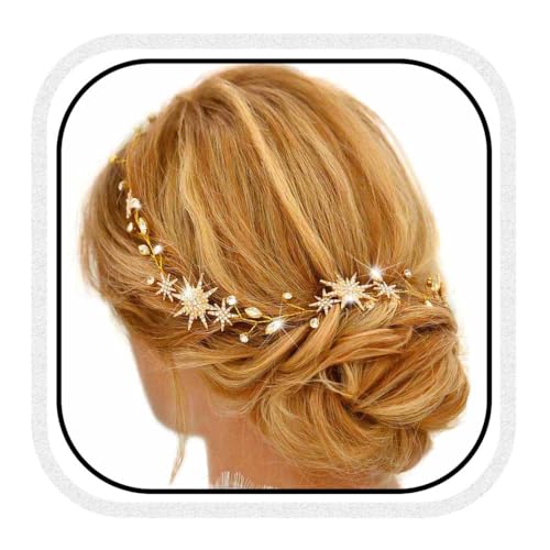 Unicra Star Rhinestone Bride Wedding Hair Vine Gold Bridal Hair Piece Crystal Hair Accessories for Women (21 Inches) - color: Gold
