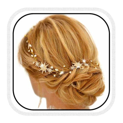 Unicra Star Rhinestone Bride Wedding Hair Vine Gold Bridal Hair Piece Crystal Hair Accessories for Women (21 Inches) - color: Gold