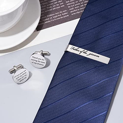 Jeka Father of The Bride/Groom Wedding Gifts Tie Bars & Cufflinks | Wedding Tie Bar & Cufflinks Set for Men, Father of the Bride, Father of the Groom, Father-in-Law Gifts - style: Father of The Groom-Silver