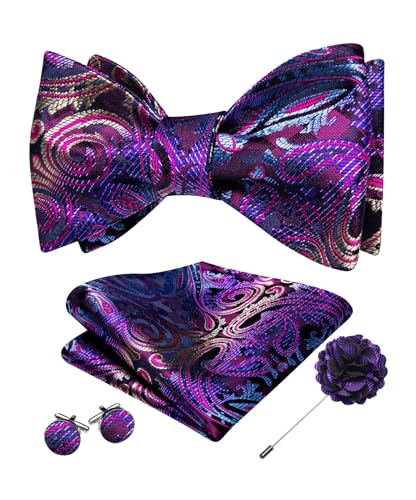 YOHOWA Bow Ties for Men Self-tied Silk Bowtie Solid Color with Lapel Pin and Handkerchief Cufflinks for Wedding Party Prom - color: Deep Purple