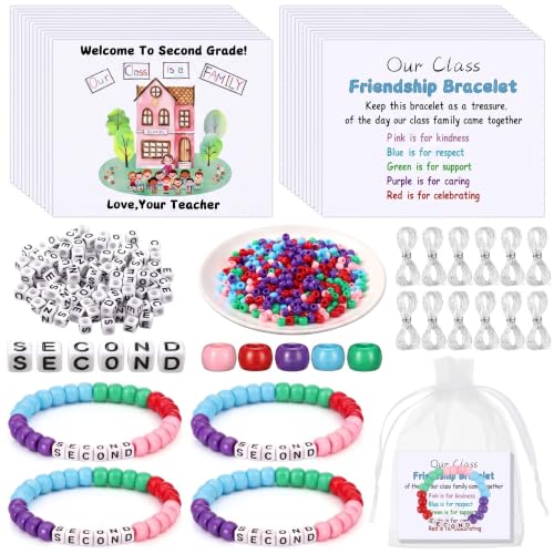 Tondiamo 24 Sets 2nd Grade Back to School Gifts Friendship Bracelet Making Kit for Students Include Our Class is a Family Greeting Cards Beads Strings Bags DIY Kit for First Day of School Classroom - style: 2nd Grade