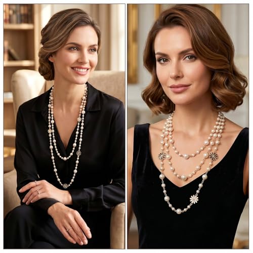 63" Long Pearl Necklace – Vintage Elegant Imitation Pearl Flower Strand, Fashion Layered Body Jewelry for Summer Dresses, Beach Cover-Up & Evening Outfits – Gift for Women