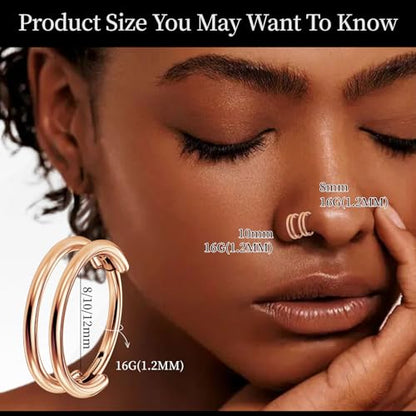 2 PCS Cartilage Earring Double Triple Hoop Nose Ring Titanium Conch Piercing Jewelry - color: Rose Gold, size: 16g 10mm