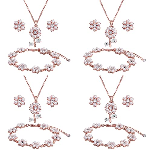 Bridesmaid Jewelry Set for Wedding, 18K Gold or Rose Gold or Silver Plated Flower Pendant with Simulate Pearl Necklace Earring Bracelet Set for Women Gift - color: ROSE GOLD - 4 SETS