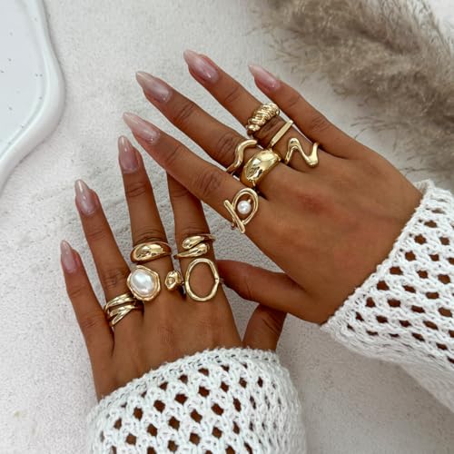 CSIYANJRY99 Gold Silver Rings Set for Women Trendy Irregular Chunky Gold Ring Baroque Pearl Rings Stackable Statement Knuckle Ring Jewelry - color: B-Gold
