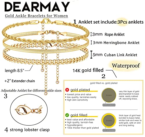 DEARMAY Gold Anklets for Women Waterproof | Non Tarnish14K Gold Plated Ankle Bracelets Set Stack, Summer Beach Jewelry Gifts for Vacation - color: Gold Anklet-D