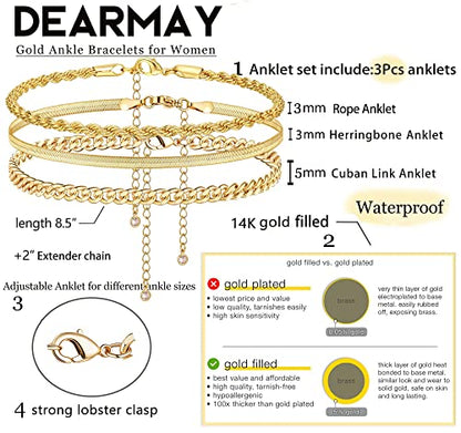 DEARMAY Gold Anklets for Women Waterproof | Non Tarnish14K Gold Plated Ankle Bracelets Set Stack, Summer Beach Jewelry Gifts for Vacation - color: Gold Anklet-D