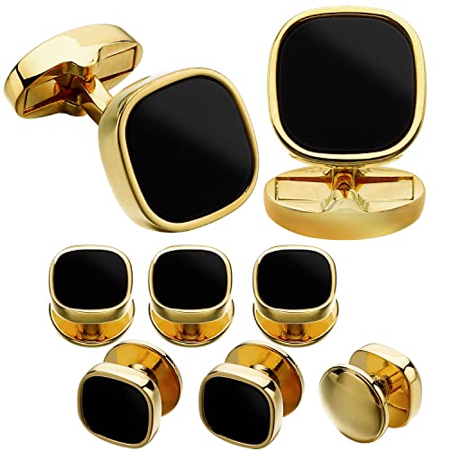 HAWSON Cufflinks and Studs for Men-Black Stone Mens Fashion Gun-Black Cufflinks and Tuxedo Shirt Studs Set for Regular Weeding Business Accessories - color: Gold+Black