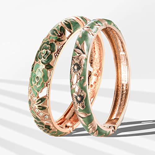 UJOY Cloisonne Bangle Colorful Enamel Filigree Rose Flower Hollowed Crystal Bracelet for Women Gifts 88A09 - color: C06-2 Pcs Set/Rose-Green