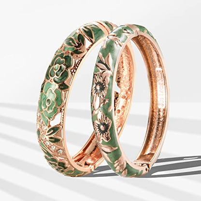 UJOY Cloisonne Bangle Colorful Enamel Filigree Rose Flower Hollowed Crystal Bracelet for Women Gifts 88A09 - color: C06-2 Pcs Set/Rose-Green