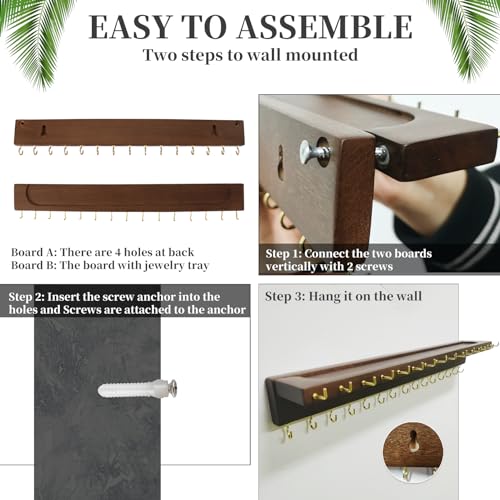 YYILIS Necklace Holder, Upgraded Extra Large Wall Necklace Organizer with 30 Hooks Wall Mounted Necklace Hanger with Jewelry Tray/Cosmetics Shelf Rustic Pine Wood Holder (Walnut) | 30 Hooks Wall Mounted Necklace Hanger with Jewelry Tray/Cosmetics Shelf Ru