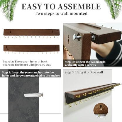 YYILIS Necklace Holder, Upgraded Extra Large Wall Necklace Organizer with 30 Hooks Wall Mounted Necklace Hanger with Jewelry Tray/Cosmetics Shelf Rustic Pine Wood Holder (Walnut) | 30 Hooks Wall Mounted Necklace Hanger with Jewelry Tray/Cosmetics Shelf Ru