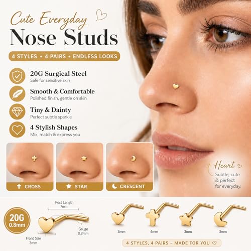 20G Nose Rings for Women, L Shaped Nostril Piercing Studs | 316L Stainless Steel, 0.8 mm×7 mm, 2 mm CZ or 3-4 mm Heart, Star, Moon and Cross, Gold-Tone or Silver-tone, Daily Wear - style: Gold Style B