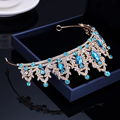 Kamirola - Queen Crown and Tiaras Princess Crown for Women Crystal Headbands for Bridal, Princess for Wedding and Party - color: Gold& LT Blue