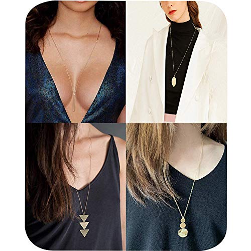 Fesciory 6 PCS Long Pendant Necklace for Women, Gold Bar Circle Leaf Triangle Tassel Y Necklace Set | Gold Plated Bar, Circle, Leaf, Triangle and Disc Pendant, Adjustable Fit, Long Necklace Jewelry Gifts for Loves - color: Set 1