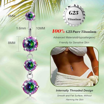 G23 Titanium Dangle Belly Button Rings for Women Dangling Navel Rings CZ Belly Rings Curved Barbell Internally Threaded Belly Piercing Jewelry - color: Rainbow