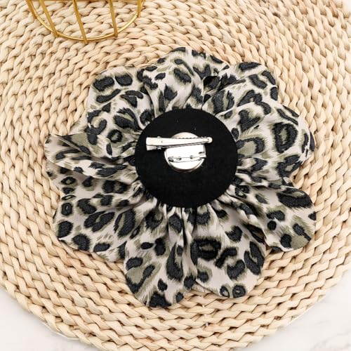 PLwelth Large Flower Brooch Pins Floral Hair Clips for Women Lapel Pins for Dress Clothes Suits Wedding Party Jewelry Gifts - color: Leopard Print-Green