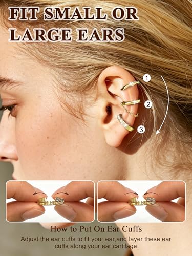 14K Gold/Silver Plated Ear Cuffs Non Piercing Set Clip On Dainty | Non Pierced Ear Cuff, Stackable Small Cartilage Hoop Huggie Set, Tarnish Resistant Hypoallergenic Trendy Jewelry Gift - style: gold style 11