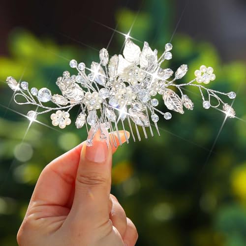 Catery Bridal Hair Comb Silver Prom Piece Wedding Accessories for Brides | Rhinestone Bride Hair Accessory Pieces Pearl Side Clip Leaf Decorative Hair Combs Headpiece Bridesmaid