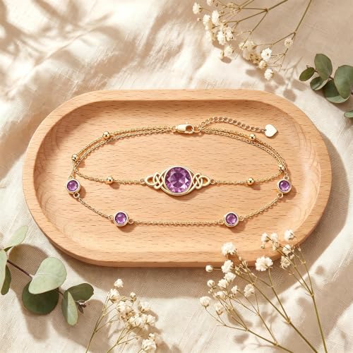 Midari 18K Gold Irish Infinity Celtic Knot Birthstone Layed Anklet Bracelet with 12 Months Birthstone Birthday Jewelry Gifts for Women Mom - color: 02-Amethyst, size: Anklet 9"-11"