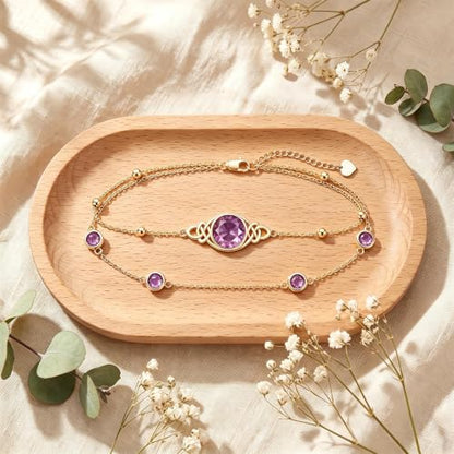 Midari 18K Gold Irish Infinity Celtic Knot Birthstone Layed Anklet Bracelet with 12 Months Birthstone Birthday Jewelry Gifts for Women Mom - color: 02-Amethyst, size: Anklet 9"-11"