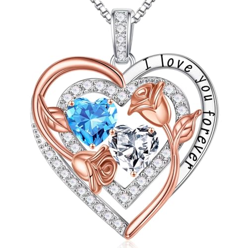 Iefil Birthstone Necklace for Women - Sterling Silver Birthstone Necklace, Anniversary Birthday Gifts for Wife Girlfriend Mom - color: 03-04-Mar-Apr Birthstone