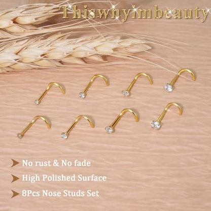 15PCS 14K Gold Plated Nose Rings Studs Set for New Piercing Beginners - color: 8pcs/Screw/20G/Gold