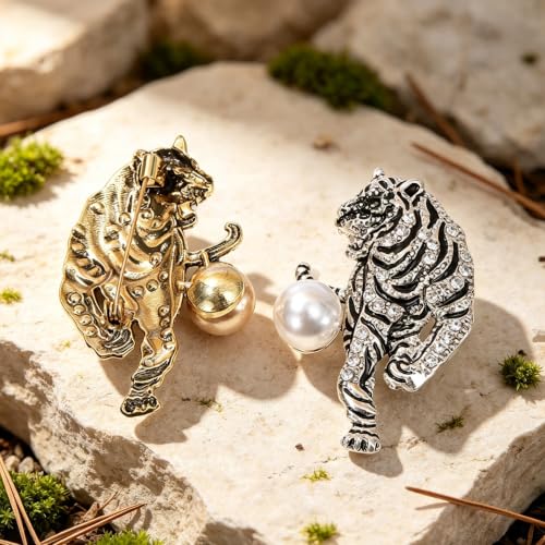 Luxury Crystal Tiger Brooch Pins for Women Men Vintage Gold-Tone Climbing Black Spots Leopard Brooch Fashion Panther Cougar Pin Suit Jackets Coat Animal Jewelry Gift - style: Silver Pearl
